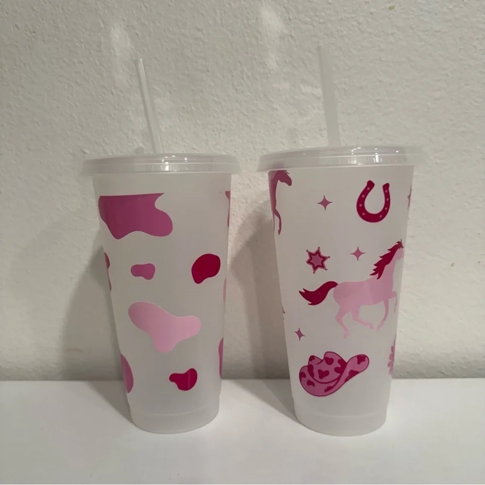 Custom Vinyl Western Cowgirl Cow Print Clear Plastic Tumbler Cups 24 oz